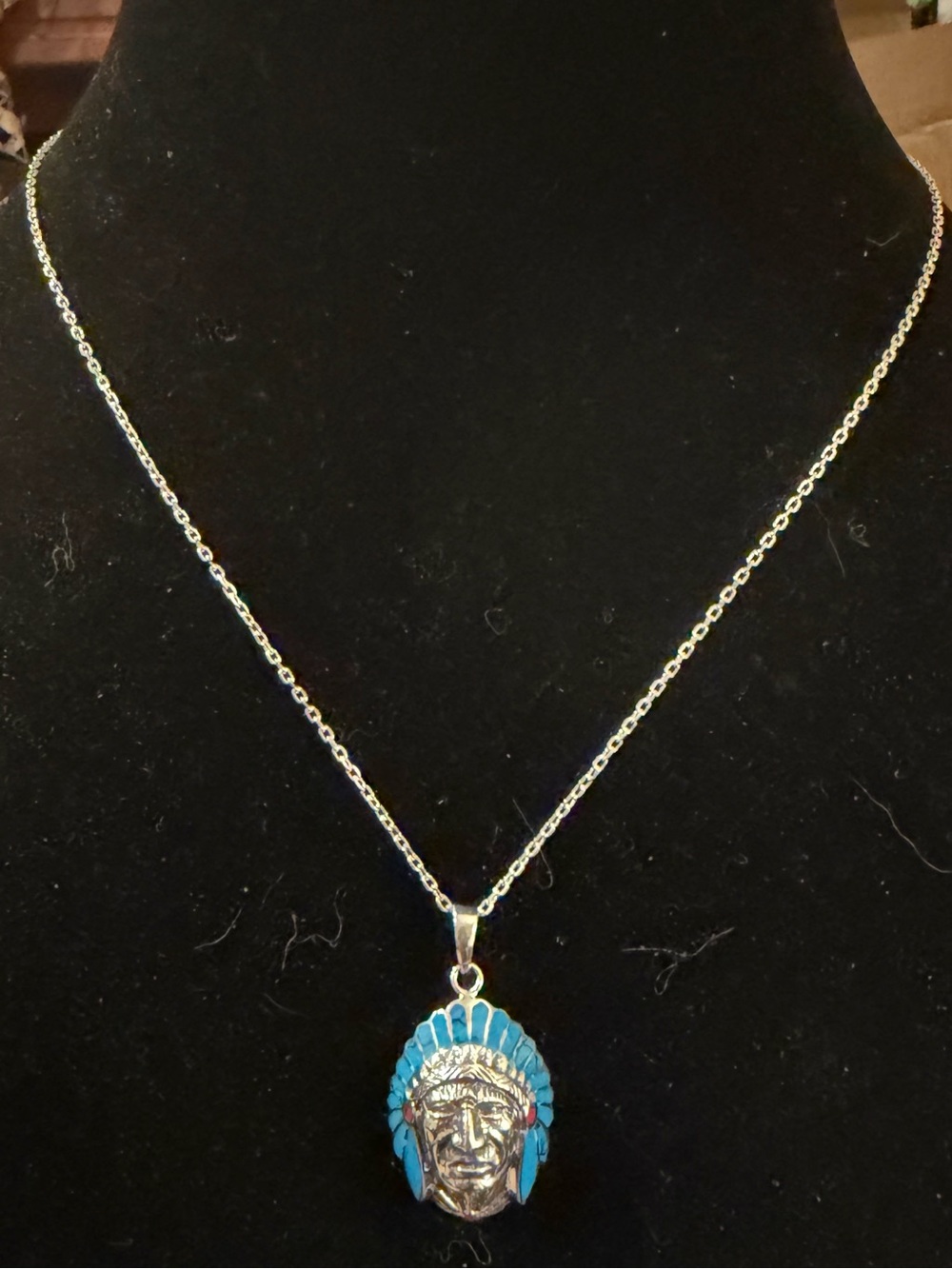 Indian Chief Head Necklace Pendant 18” Chain Sterling Silver 925 Turquoise